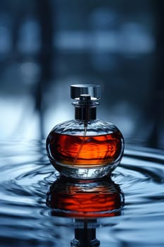 Low key, dark colors, luxury product photography. Perfume bottle on water splashing background. Beauty and cosmetics concept. Ai generated