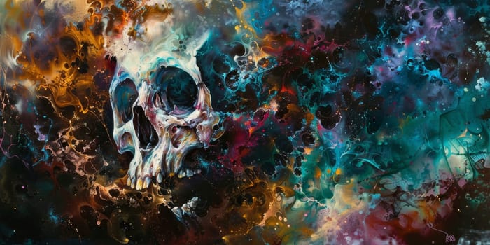 A painting of a skull against vibrant, colorful backdrop