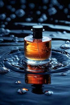 Low key, dark colors, luxury product photography. Perfume bottle on water splashing background. Beauty and cosmetics concept. Ai generated