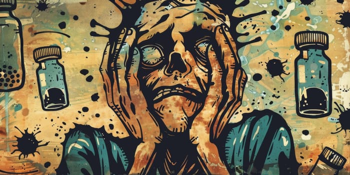 A painting of person with their hands covering their face in distress