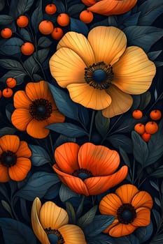 A vibrant painting featuring yellow and orange flowers against a dark background, showcasing the beauty of nature and botany with hints of cucurbita and winter squash