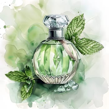 Watercolor painting of a perfume bottle with mint leaves a creative artwork capturing the fluid and refreshing essence of the liquid inside