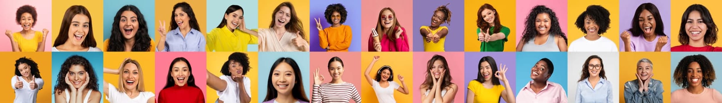 A long banner portraying smiling women faces from different ethnicities against a palette of colored backgrounds