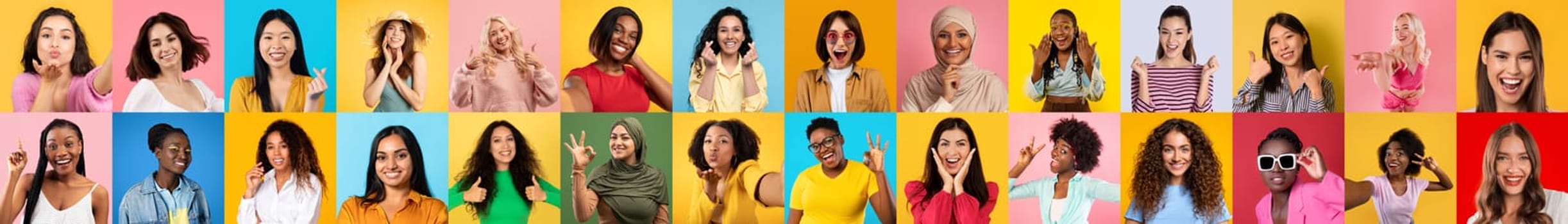 Colorful collage showing a variety of women and their reactions to different situations on colorful background