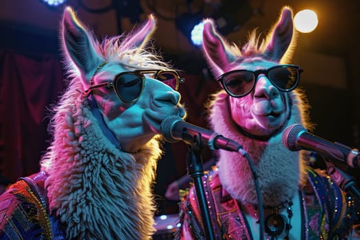 Two llamas, alpacas perform on stage with a microphone. Fun party concept.