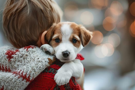 Rear view of a boy with a puppy in his arms. Concept of care, friendship, kindness.