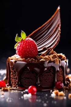 Decadent chocolate cake adorned with fresh strawberries, crunchy nuts, elegantly presented on plate. For restaurant websites, cafe, bakery menus, food blogs, magazines, food, home baking inspiration