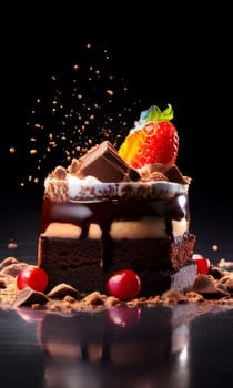 Decadent chocolate cake adorned with fresh strawberries, crunchy nuts, elegantly presented on plate. For restaurant websites, cafe, bakery menus, food blogs, magazines, food, home baking inspiration