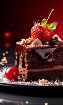 Decadent chocolate cake adorned with fresh strawberries, crunchy nuts, elegantly presented on plate. For restaurant websites, cafe, bakery menus, food blogs, magazines, food, home baking inspiration