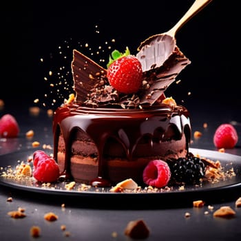 Decadent chocolate cake adorned with fresh strawberries, crunchy nuts, elegantly presented on plate. For restaurant websites, cafe, bakery menus, food blogs, magazines, food, home baking inspiration