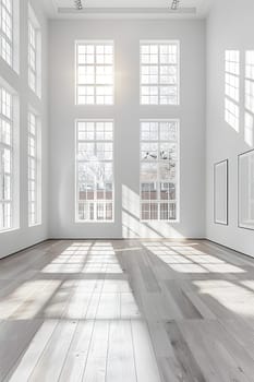 An interior design featuring a spacious empty room with multiple rectangular windows, hardwood flooring, and a grey color scheme