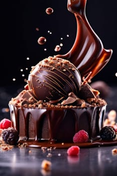 Decadent chocolate cake adorned with fresh strawberries, crunchy nuts, elegantly presented on plate. For restaurant websites, cafe, bakery menus, food blogs, magazines, food, home baking inspiration