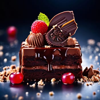 Decadent chocolate cake adorned with fresh strawberries, crunchy nuts, elegantly presented on plate. For restaurant websites, cafe, bakery menus, food blogs, magazines, food, home baking inspiration