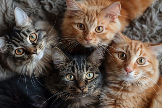 Many cats look at the camera with hungry eyes. Animal help concept.