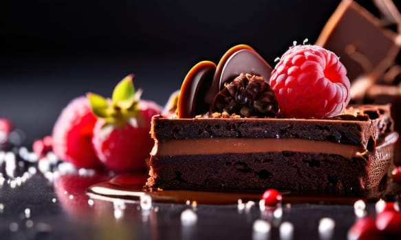 Decadent chocolate cake adorned with fresh strawberries, crunchy nuts, elegantly presented on plate. For restaurant websites, cafe, bakery menus, food blogs, magazines, food, home baking inspiration