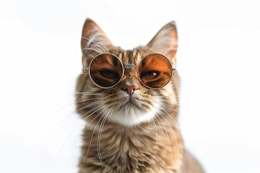 Portrait of a funny red cat in sunglasses on a white background.