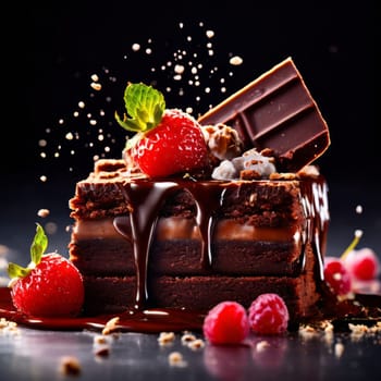 Decadent chocolate cake adorned with fresh strawberries, crunchy nuts, elegantly presented on plate. For restaurant websites, cafe, bakery menus, food blogs, magazines, food, home baking inspiration