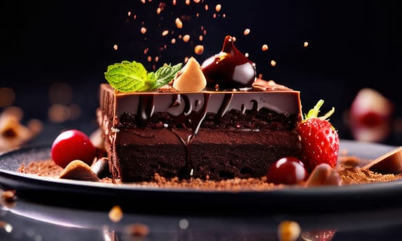 Decadent chocolate cake adorned with fresh strawberries, crunchy nuts, elegantly presented on plate. For restaurant websites, cafe, bakery menus, food blogs, magazines, food, home baking inspiration