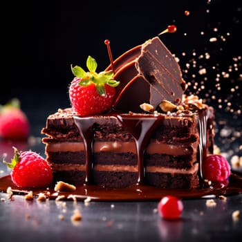 Decadent chocolate cake adorned with fresh strawberries, crunchy nuts, elegantly presented on plate. For restaurant websites, cafe, bakery menus, food blogs, magazines, food, home baking inspiration