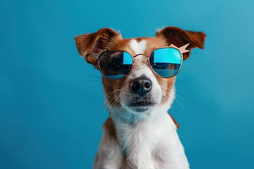 Jack Russell dog with a sunglasses on a blue background with space for text.