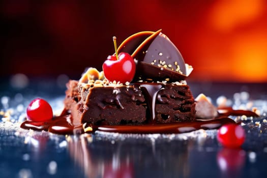 Decadent chocolate cake topped with luscious cherries, drizzled with rich chocolate sauce. For creating recipes on culinary websites, blogs, promoting food products on social media platforms