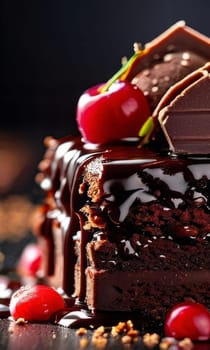 Decadent chocolate cake topped with luscious cherries, drizzled with rich chocolate sauce. For creating recipes on culinary websites, blogs, promoting food products on social media platforms