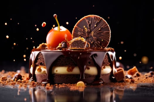 Decadent chocolate cake topped with luscious cherries, drizzled with rich chocolate sauce. For creating recipes on culinary websites, blogs, promoting food products on social media platforms