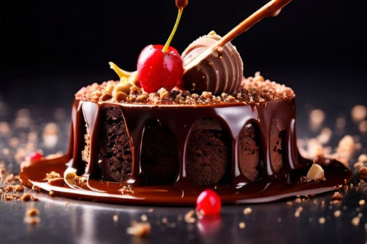 Decadent chocolate cake topped with luscious cherries, drizzled with rich chocolate sauce. For creating recipes on culinary websites, blogs, promoting food products on social media platforms