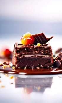 Decadent chocolate cake topped with luscious cherries, drizzled with rich chocolate sauce. For creating recipes on culinary websites, blogs, promoting food products on social media platforms