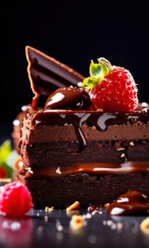 Decadent chocolate cake adorned with fresh strawberries, crunchy nuts, elegantly presented on plate. For restaurant websites, cafe, bakery menus, food blogs, magazines, food, home baking inspiration