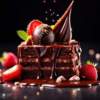 Decadent chocolate cake adorned with fresh strawberries, crunchy nuts, elegantly presented on plate. For restaurant websites, cafe, bakery menus, food blogs, magazines, food, home baking inspiration