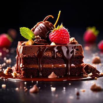 Decadent chocolate cake adorned with fresh strawberries, crunchy nuts, elegantly presented on plate. For restaurant websites, cafe, bakery menus, food blogs, magazines, food, home baking inspiration