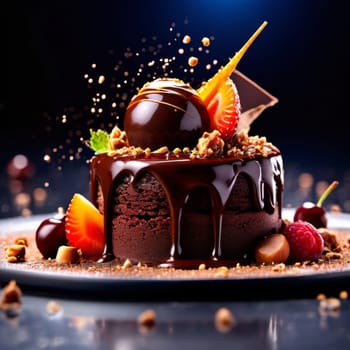 Decadent chocolate cake adorned with fresh strawberries, crunchy nuts, elegantly presented on plate. For restaurant websites, cafe, bakery menus, food blogs, magazines, food, home baking inspiration