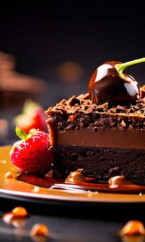 Decadent chocolate cake adorned with fresh strawberries, crunchy nuts, elegantly presented on plate. For restaurant websites, cafe, bakery menus, food blogs, magazines, food, home baking inspiration