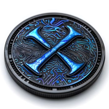 A unique souvenir coin featuring a striking electric blue cross symbol on a black nickel metal background. This art piece makes a fashionable accessory or badge with a bold logo design