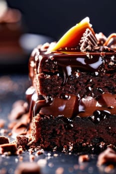 Decadent piece of chocolate cake oozing with rich, velvety chocolate sauce, tempting you with its irresistible sweetness. For recipe websites, cookbooks, dessert advertisements, cafe, culinary blog