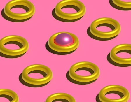 Abstract pink background with golden rings, 3D rendering illustration