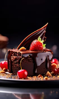 Decadent chocolate cake adorned with fresh berries, drizzled with rich chocolate sauce. For advertising bakery products, cafe, restaurant menus, culinary books, food blogs, website of pastry shop