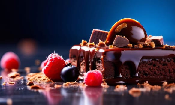 Decadent chocolate cake adorned with fresh berries, drizzled with rich chocolate sauce. For advertising bakery products, cafe, restaurant menus, culinary books, food blogs, website of pastry shop