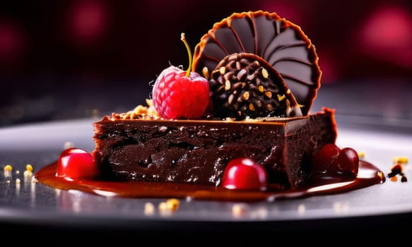 Decadent chocolate cake adorned with fresh berries, drizzled with rich chocolate sauce. For advertising bakery products, cafe, restaurant menus, culinary books, food blogs, website of pastry shop