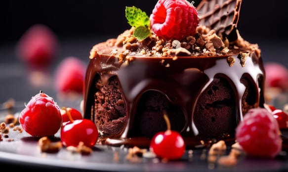 Decadent chocolate cake adorned with fresh berries, drizzled with rich chocolate sauce. For advertising bakery products, cafe, restaurant menus, culinary books, food blogs, website of pastry shop