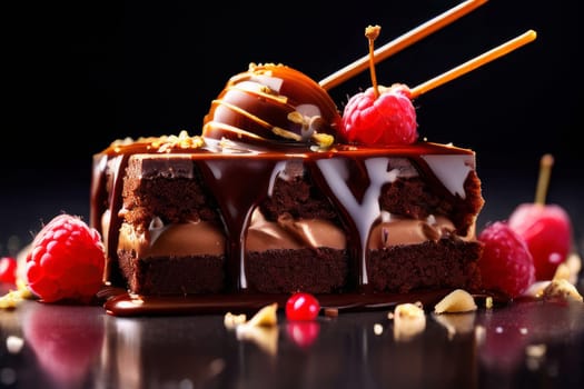 Decadent chocolate cake adorned with fresh berries, drizzled with rich chocolate sauce. For advertising bakery products, cafe, restaurant menus, culinary books, food blogs, website of pastry shop