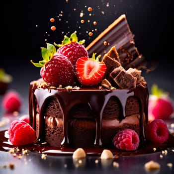 Decadent chocolate cake adorned with fresh berries, drizzled with rich chocolate sauce. For advertising bakery products, cafe, restaurant menus, culinary books, food blogs, website of pastry shop