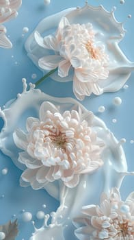 A closeup of a peach flower submerged in a splash of water on a blue background, showcasing the intricate patterns of the petals and the beauty of this flowering plant in the rose family