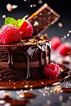 Decadent chocolate cake adorned with fresh berries, drizzled with rich chocolate sauce. For advertising bakery products, cafe, restaurant menus, culinary books, food blogs, website of pastry shop