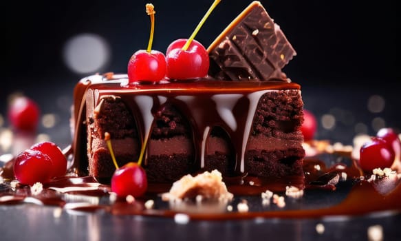 Decadent slice of chocolate cake topped with luscious cherries, drizzled with rich chocolate sauce. For dessert recipes, cafe, restaurant menu, culinary book, recipe website, culinary blog