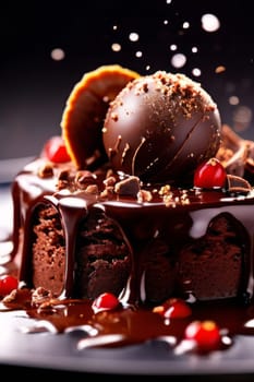 Decadent slice of chocolate cake topped with luscious cherries, drizzled with rich chocolate sauce. For dessert recipes, cafe, restaurant menu, culinary book, recipe website, culinary blog