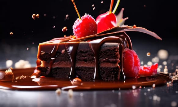 Decadent slice of chocolate cake topped with luscious cherries, drizzled with rich chocolate sauce. For dessert recipes, cafe, restaurant menu, culinary book, recipe website, culinary blog