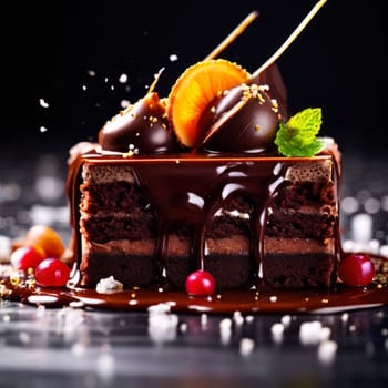 Decadent slice of chocolate cake topped with luscious cherries, drizzled with rich chocolate sauce. For dessert recipes, cafe, restaurant menu, culinary book, recipe website, culinary blog