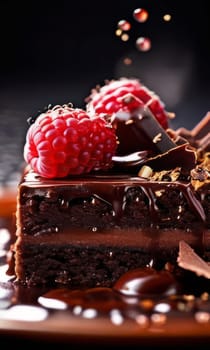 Chocolate cake with raspberries, chocolate sauce. Cake is adorned with fresh raspberries, exquisite chocolate sauce, creating delectable, luxurious dessert. For advertise cafe, patisserie, restaurant